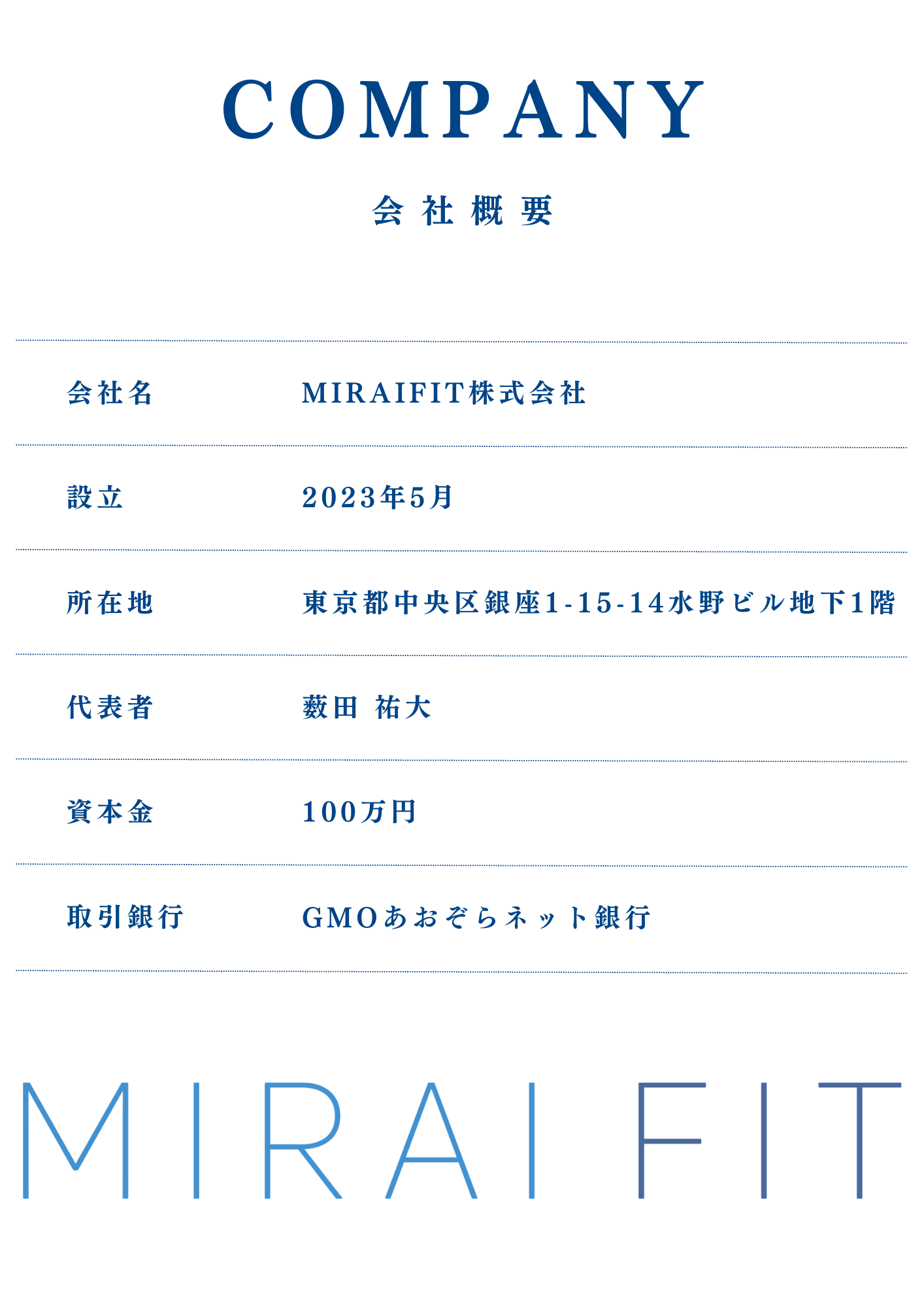 運営会社ミライフィット株式会社の概要 設立：2023年5月 所在地：〒104-0061 東京都中央区銀座1-15-14水野ビルBF1 電話番号:03-6228-6557 代表者：薮田祐大 資本金：100万円 取引銀行：GMOあおぞらネット銀行 